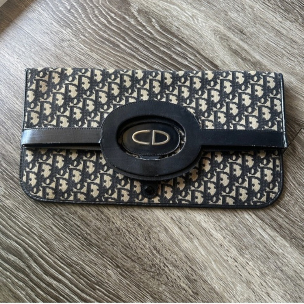 Authentic Christain Dior Monogram Oblique Fold Over Clutch Tote Hand Bag